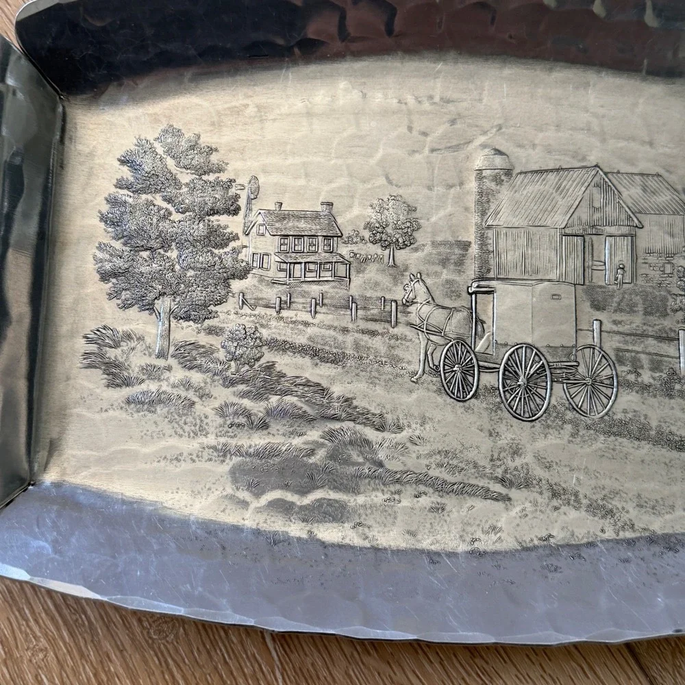Wendell August Forge Hammered Aluminum Tray Amish Horse Buggy Farm Scene USA